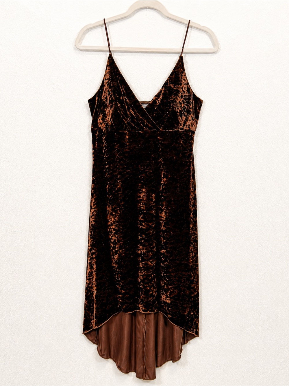 VTG 90s Brown Crushed Velvet Festival Soft Grunge Fluid Drape Hi-Low Slip Dress
